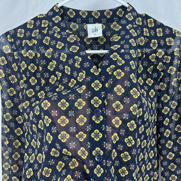 Cabi Sheer Navy Gold Geometric Print Button Front Long Sleeve Blouse XS - Picture 7 of 11